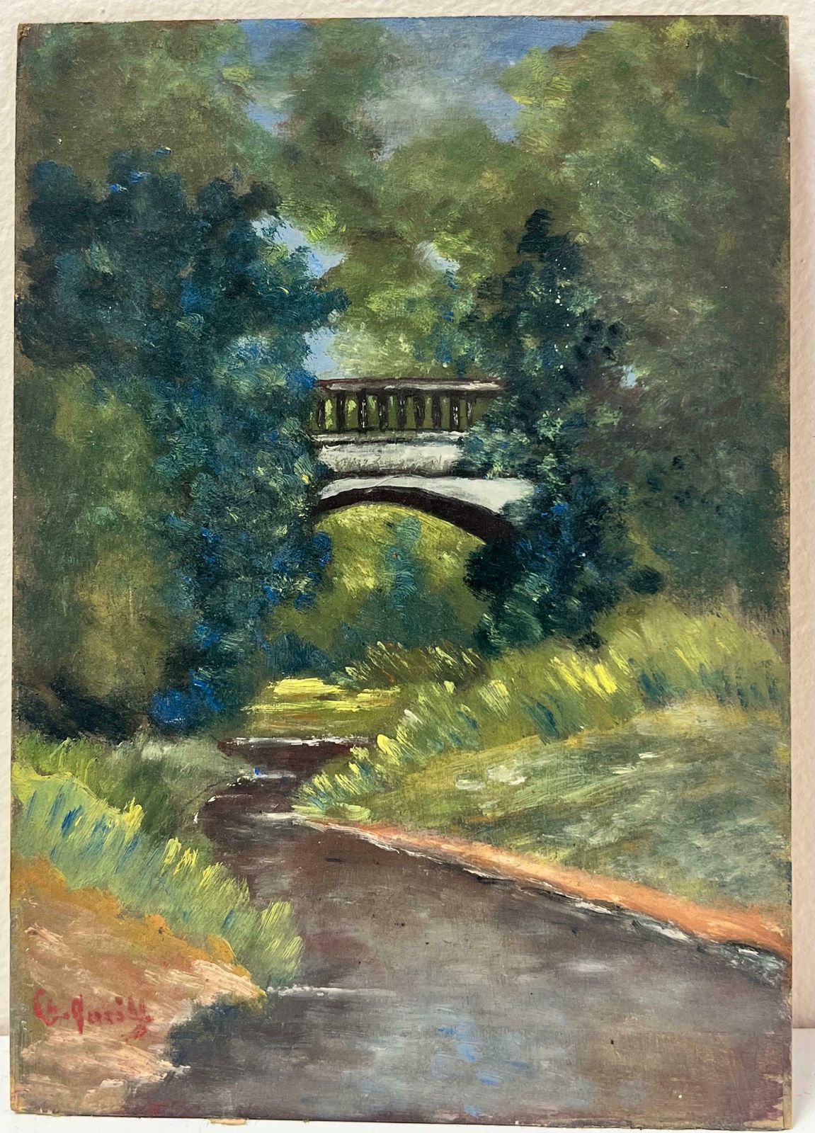 French Schoolearly 20th Century French Signed Oil Painting Bridge Over River In Parkland photo furniture