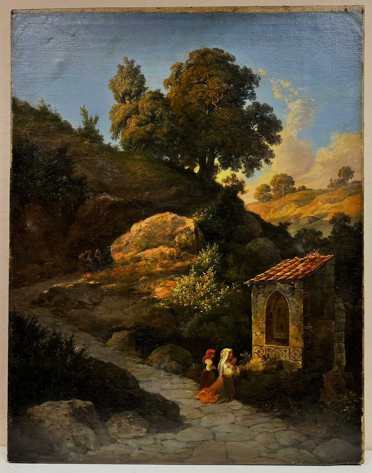 Antique French Oil19thc. French Oil Ladies Praying To Madonna Statue South Of France Landscape photo furniture