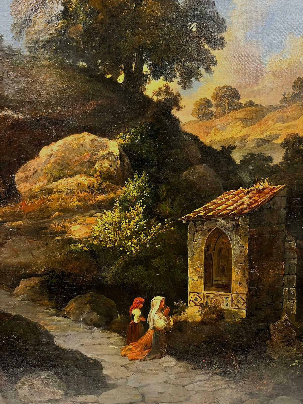 Antique French Oil19thc. French Oil Ladies Praying To Madonna Statue South Of France Landscape photo Art