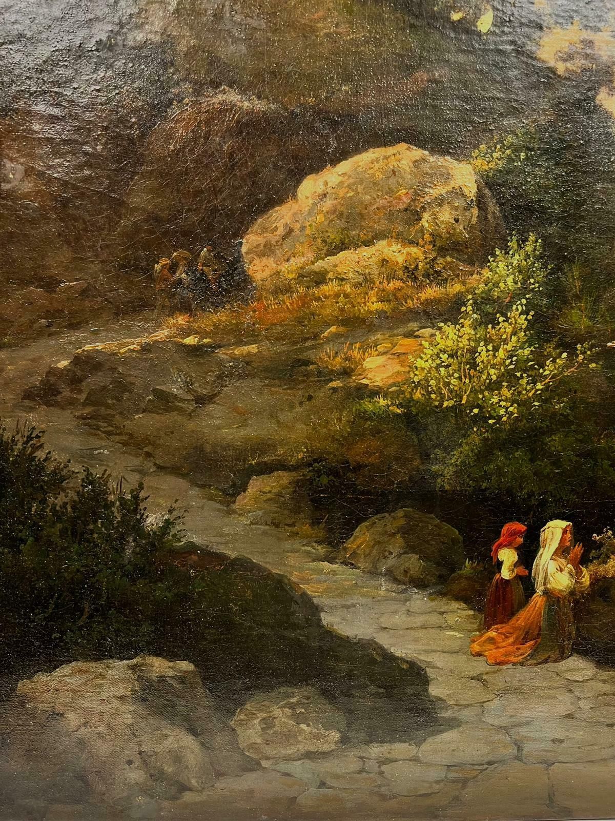 Antique French Oil19thc. French Oil Ladies Praying To Madonna Statue South Of France Landscape photo vinterior