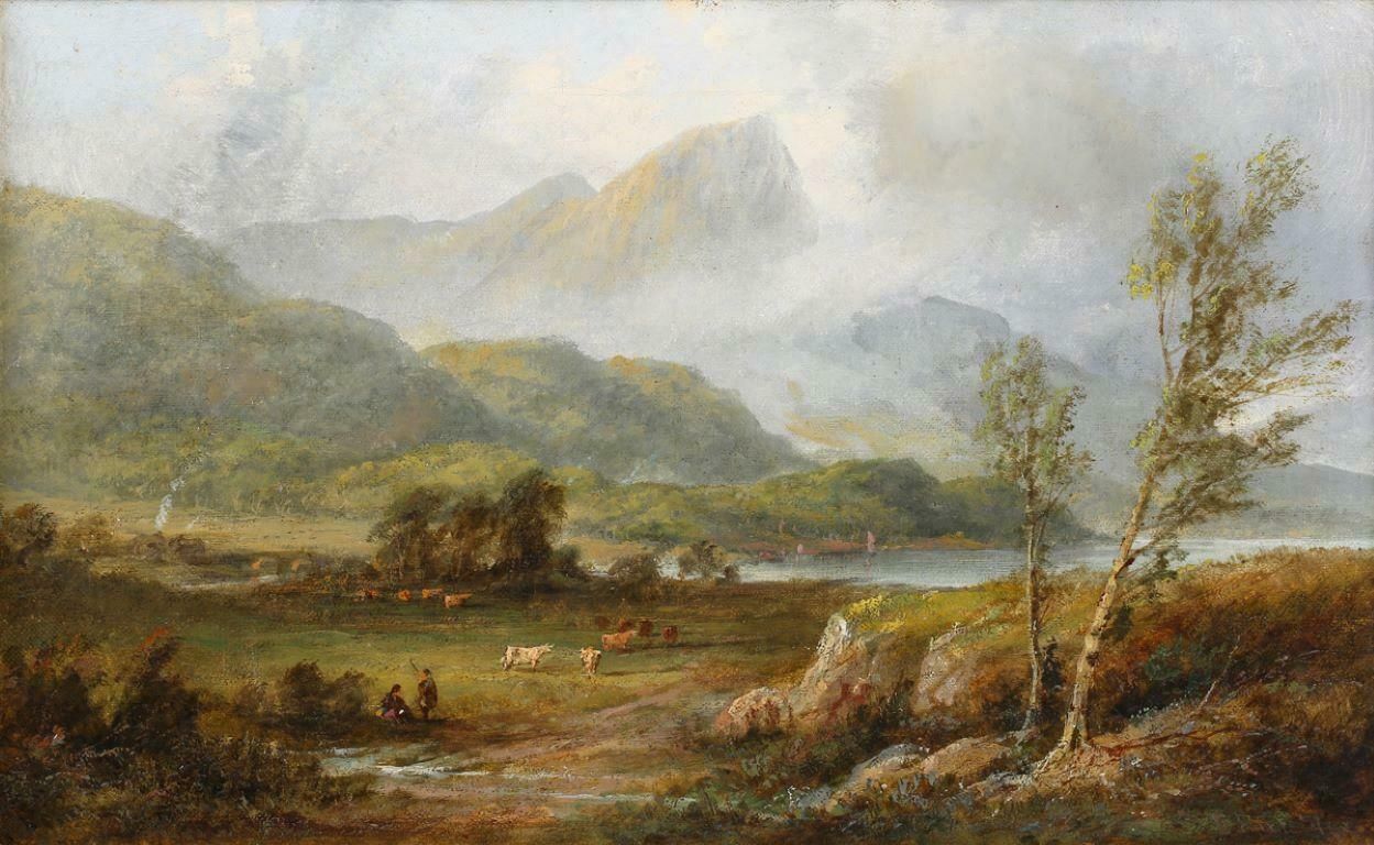 19th Century Scottish Schoolshepherds & Animals Scottish Highland Misty Landscape Loch Tay Perthshire