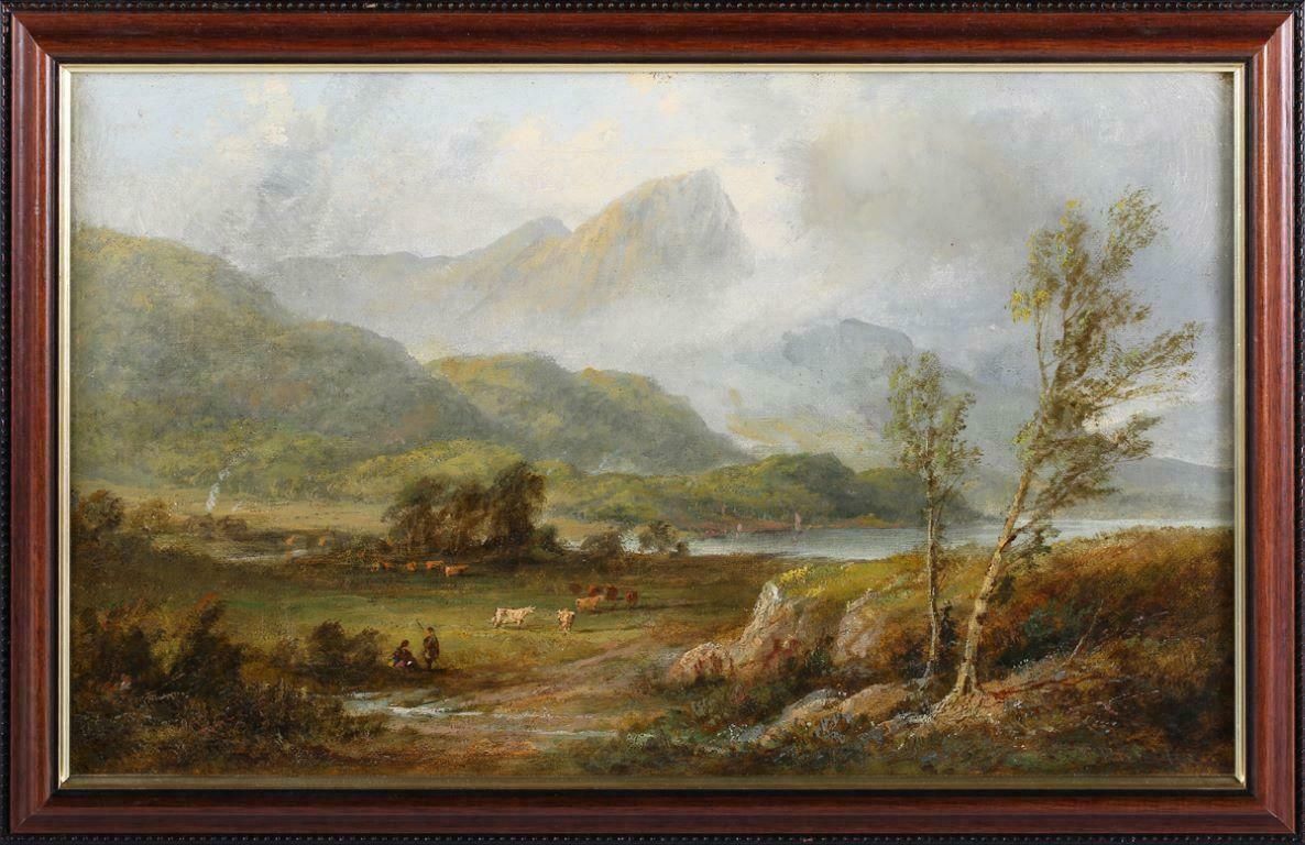 19th Century Scottish Schoolshepherds & Animals Scottish Highland Misty Landscape Loch Tay Perthshire photo furniture