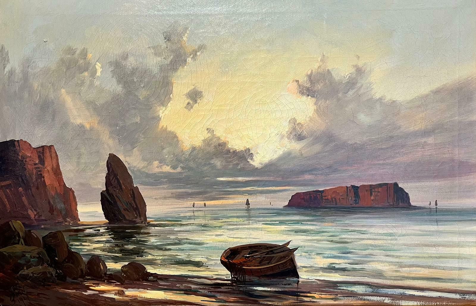 Joel Owen1920's Scottish Signed Oil Painting Sunset Over Coastal Rocks Boats & Sea