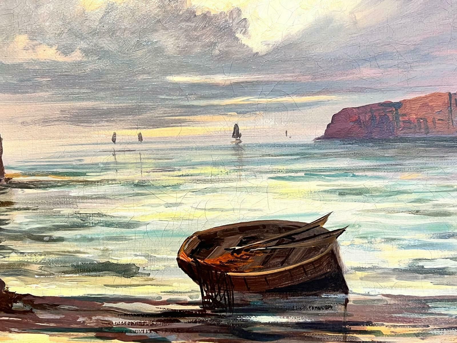 Joel Owen1920's Scottish Signed Oil Painting Sunset Over Coastal Rocks Boats & Sea photo for sale