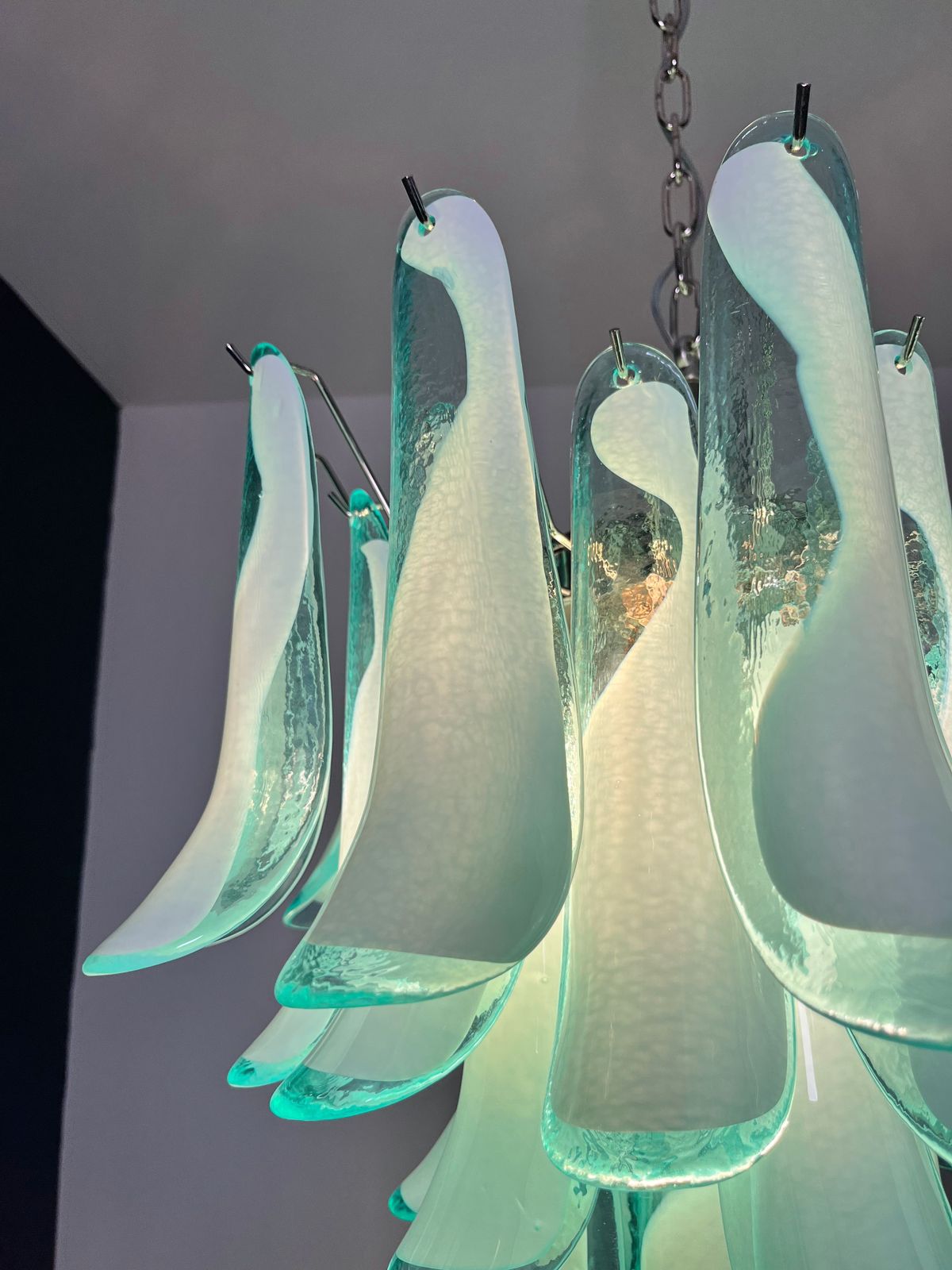 890.0 Italian Vintage Murano Chandelier   Mazzega   36 Lattimo Turquoise Glass Petals photo