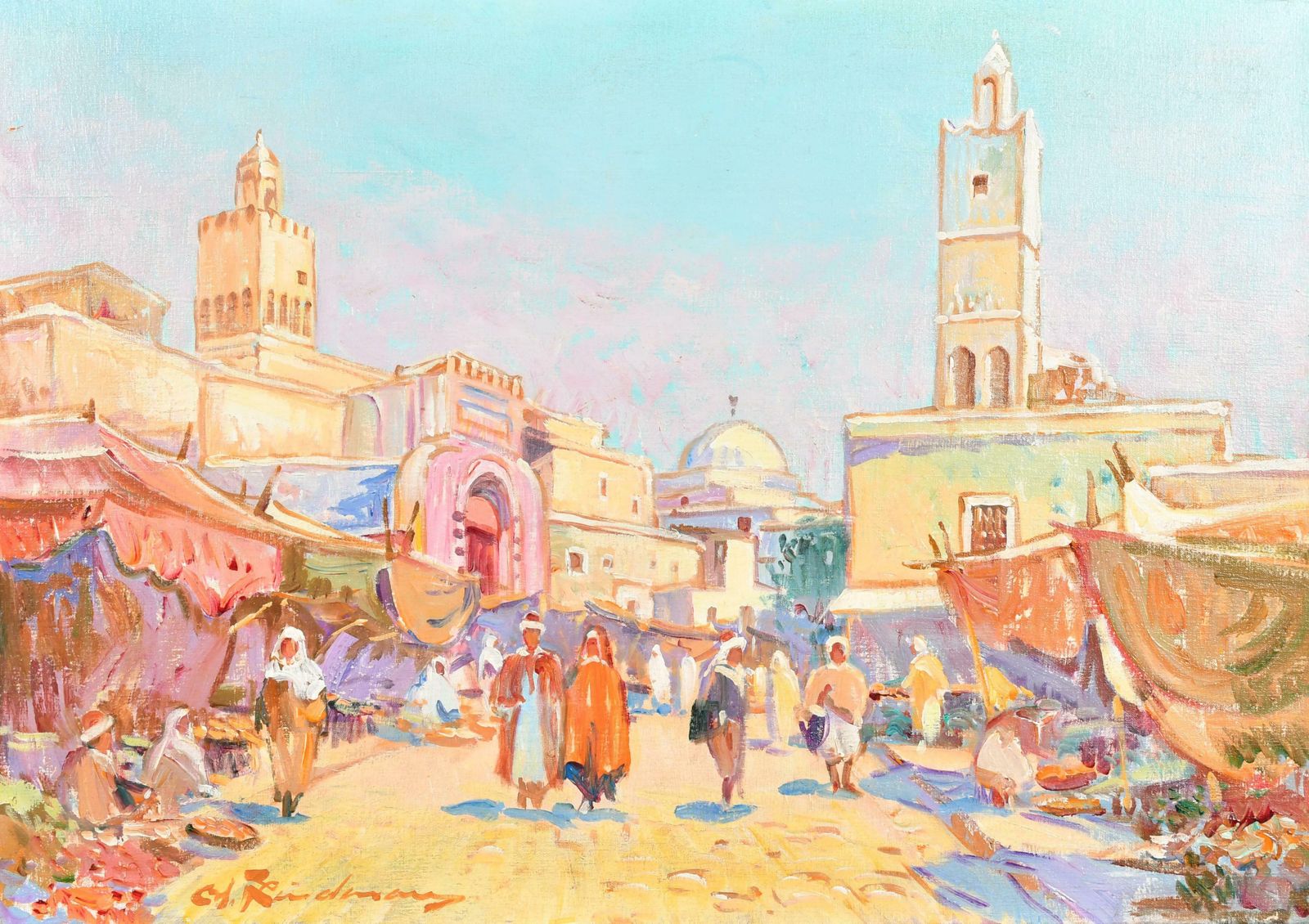 Martin Lindenau (French B. 1948)very Large French Oil Figures In Tunisian Street Market, Signed