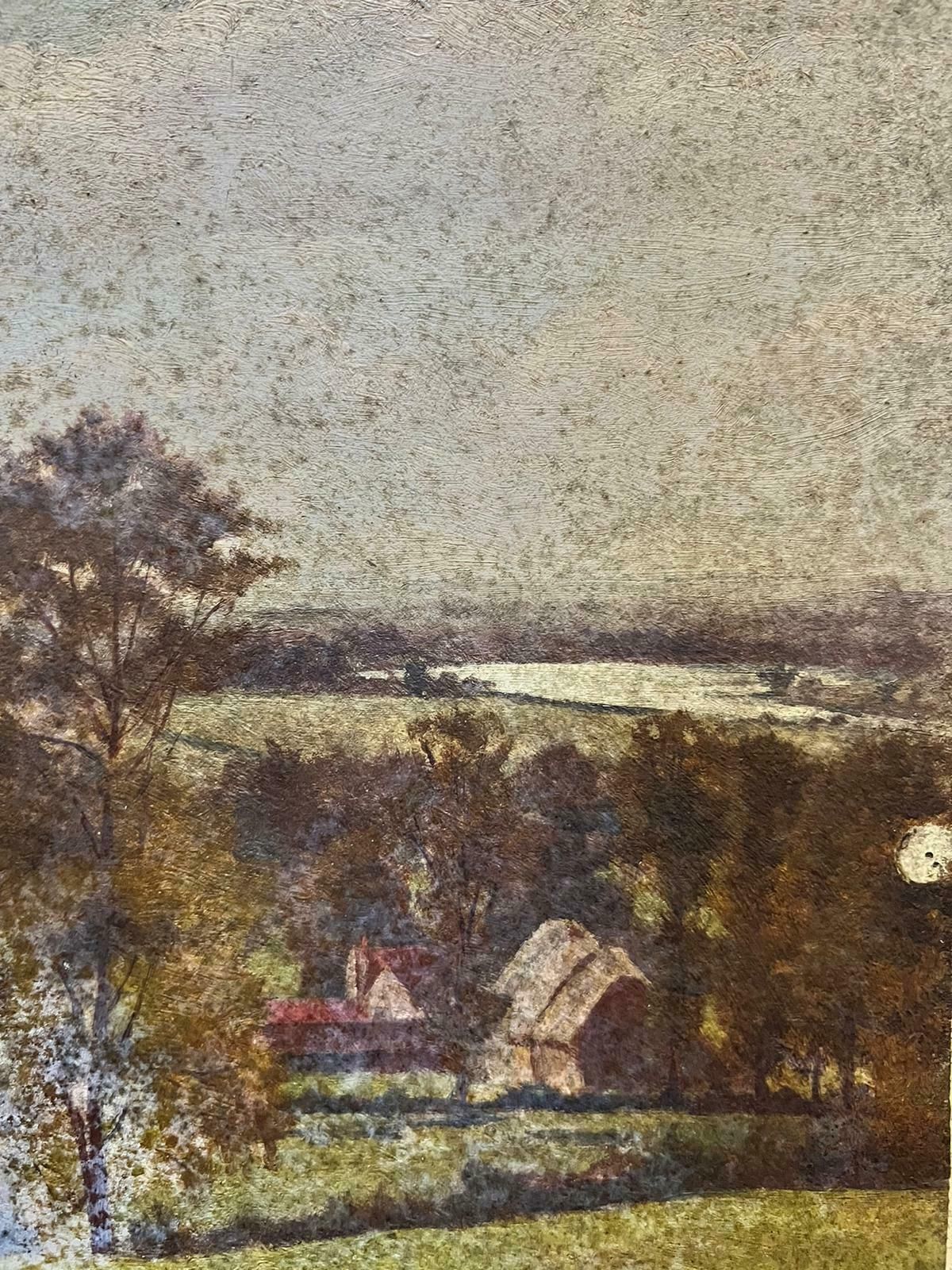 Antique English Antique Victorian English Oil Open Field View Of Village Barns photo for sale