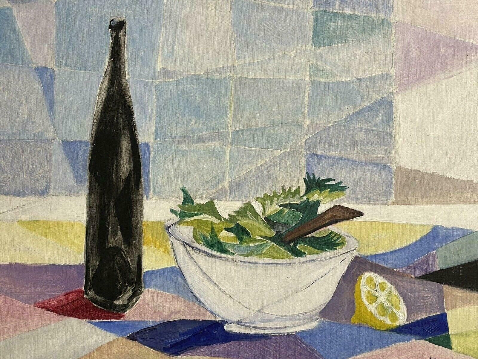 Unknownlarge 1970's French Cubist Still Life Oil Painting   Table With Food & Wine photo Art