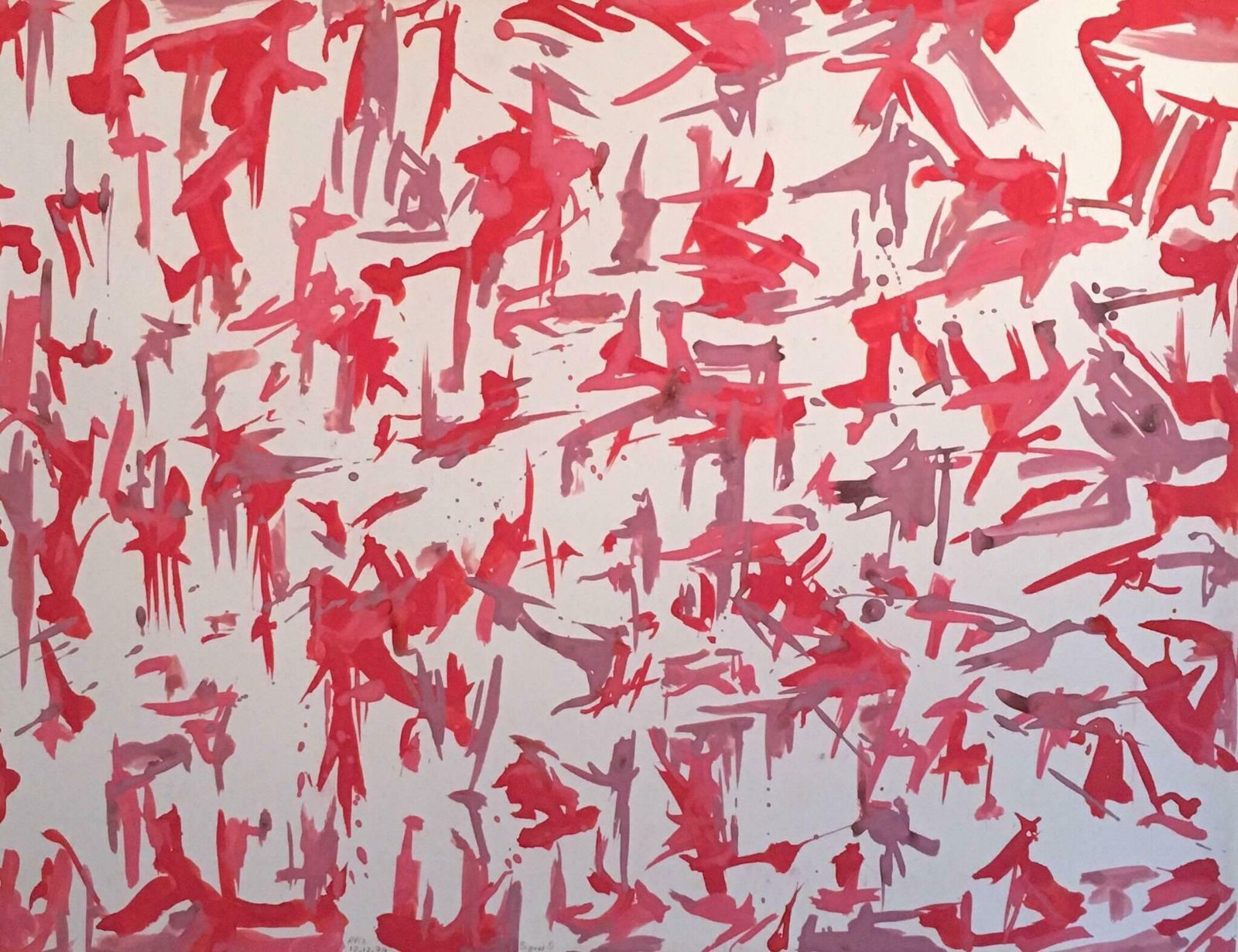 Raphaelle Pialarge French Abstract Painting, Watercolour, Signed, Red And Purple Palette1979