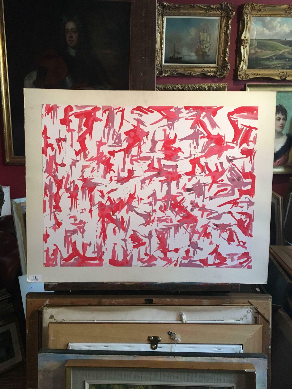 Raphaelle Pialarge French Abstract Painting, Watercolour, Signed, Red And Purple Palette1979 photo furniture