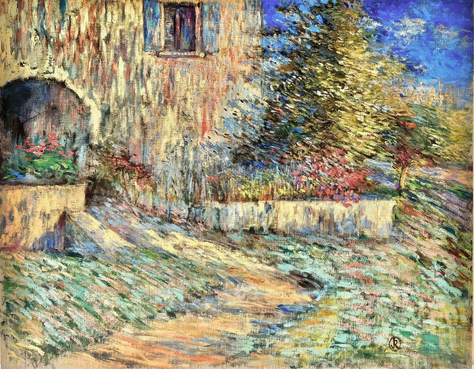 French Impressionistvery Large French Impressionist Signed Oil Old Stone House & Gardens Blaze Color photo vinterior