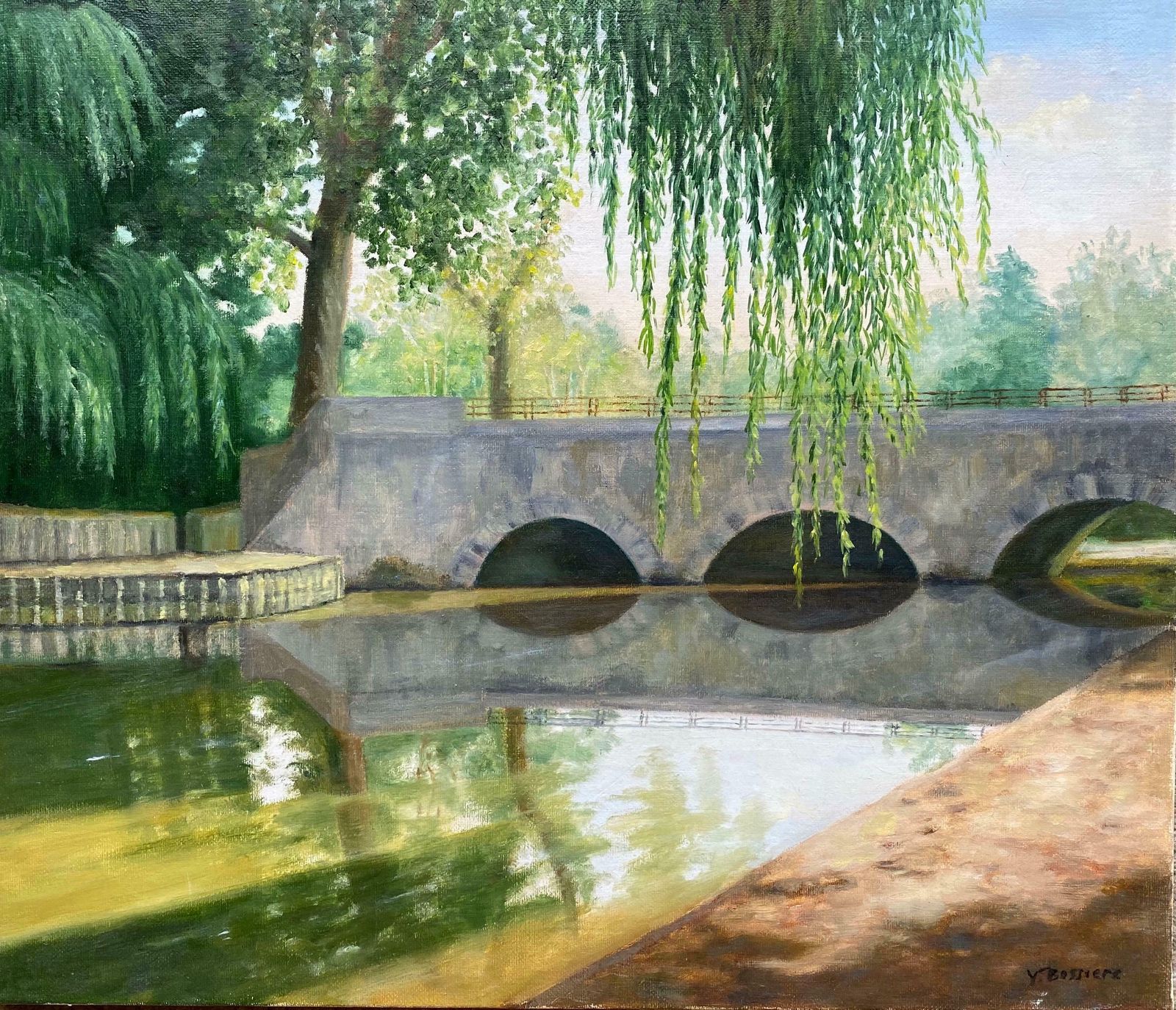 Yvette Bossierelarge 20th Century French Impressionist Tranquil River Landscape Old Bridge20th Century