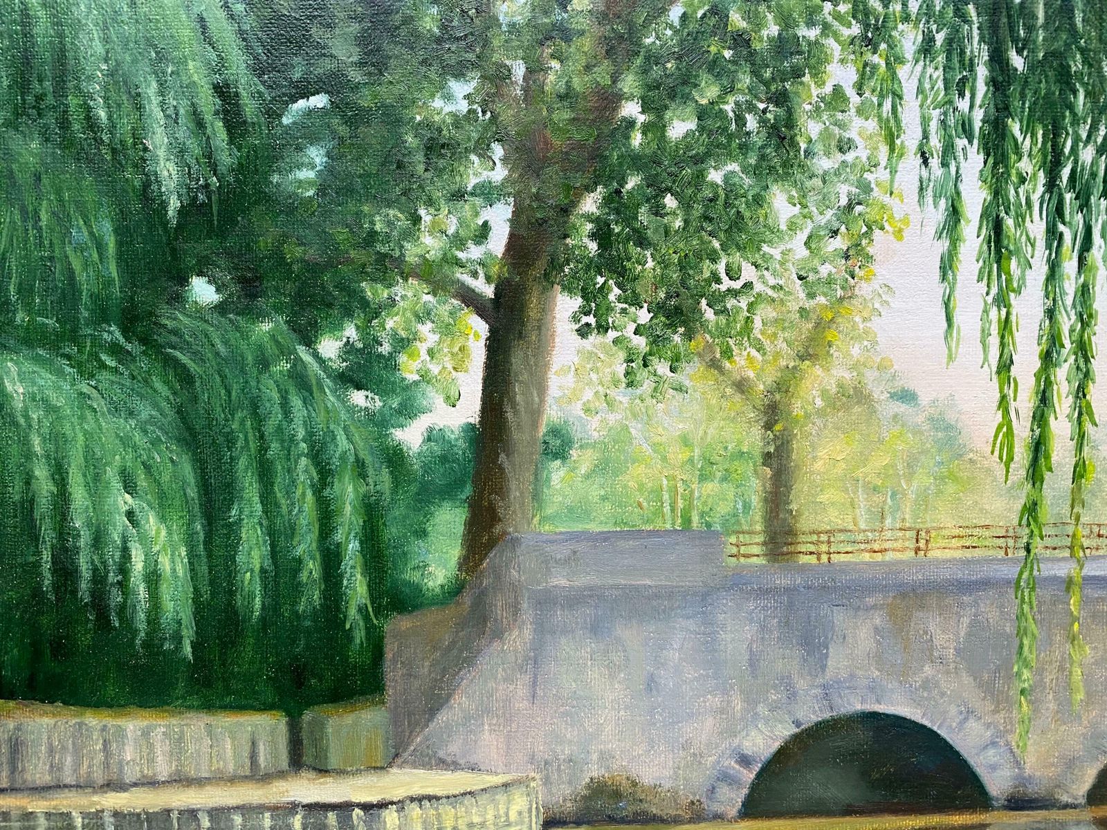 Yvette Bossierelarge 20th Century French Impressionist Tranquil River Landscape Old Bridge20th Century photo for sale