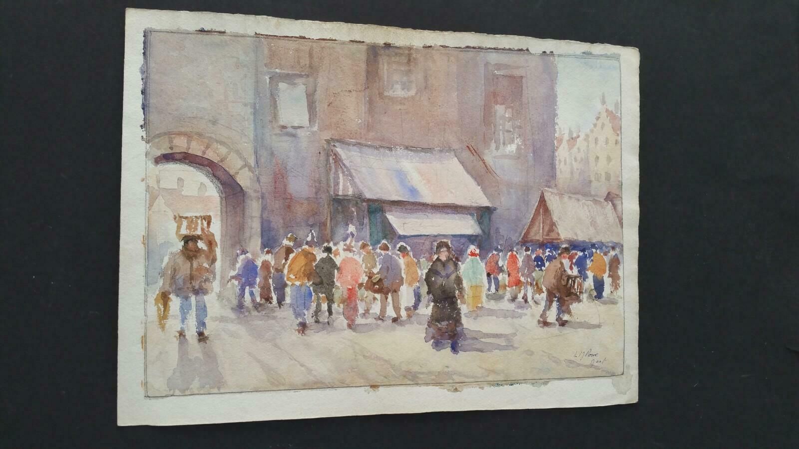 Leonard Machin Rowemid 20th Century Belgium. Gent, A Morning Market1950's photo vintage