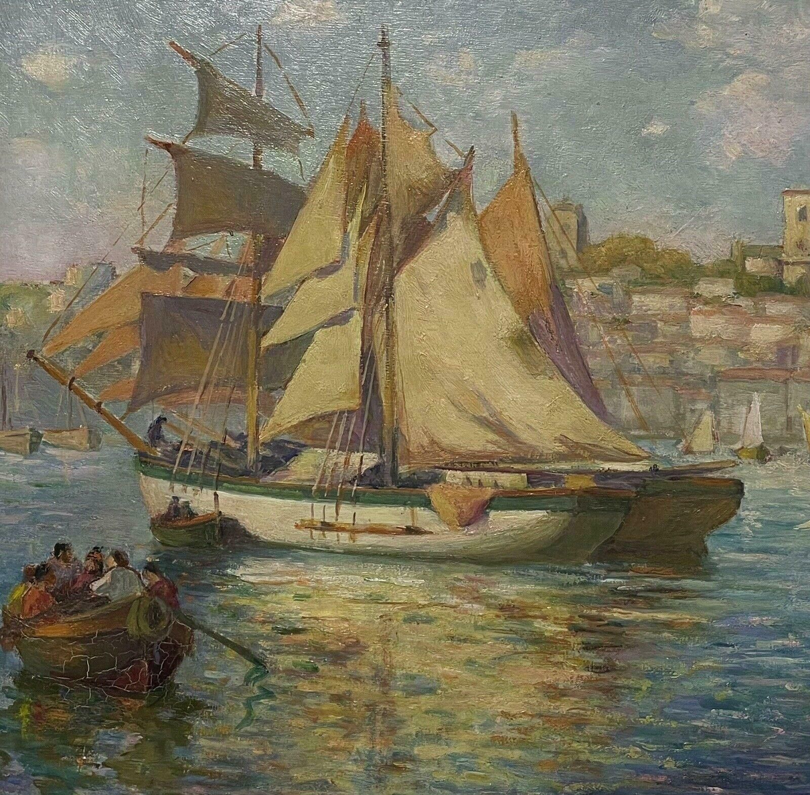 Unknownvintage French Impressionist Signed Oil Sailing Boats In Marseilles Harbourc. 1940's photo for sale