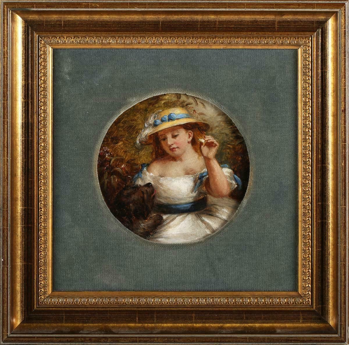 Fine Victorian Oil Painting Young Girl With Pet Dog Circular Original 19th Cent. photo furniture