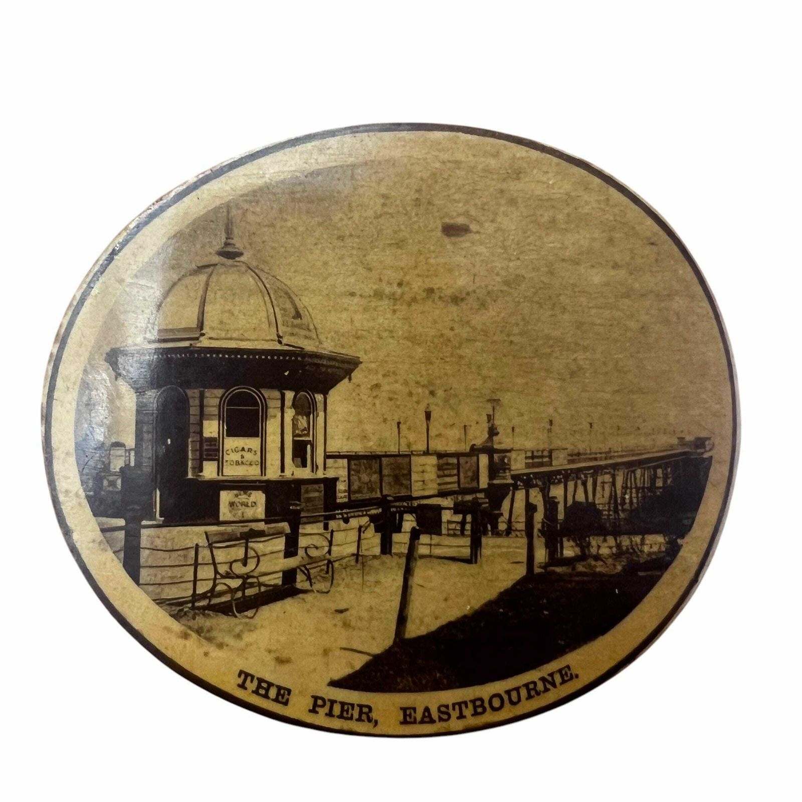 Antique Mauchline Ware Treen String Box   The Pier Eastbourne   Pevensey Castle Eastbourne   Home Decor   String Tidy photo for sale