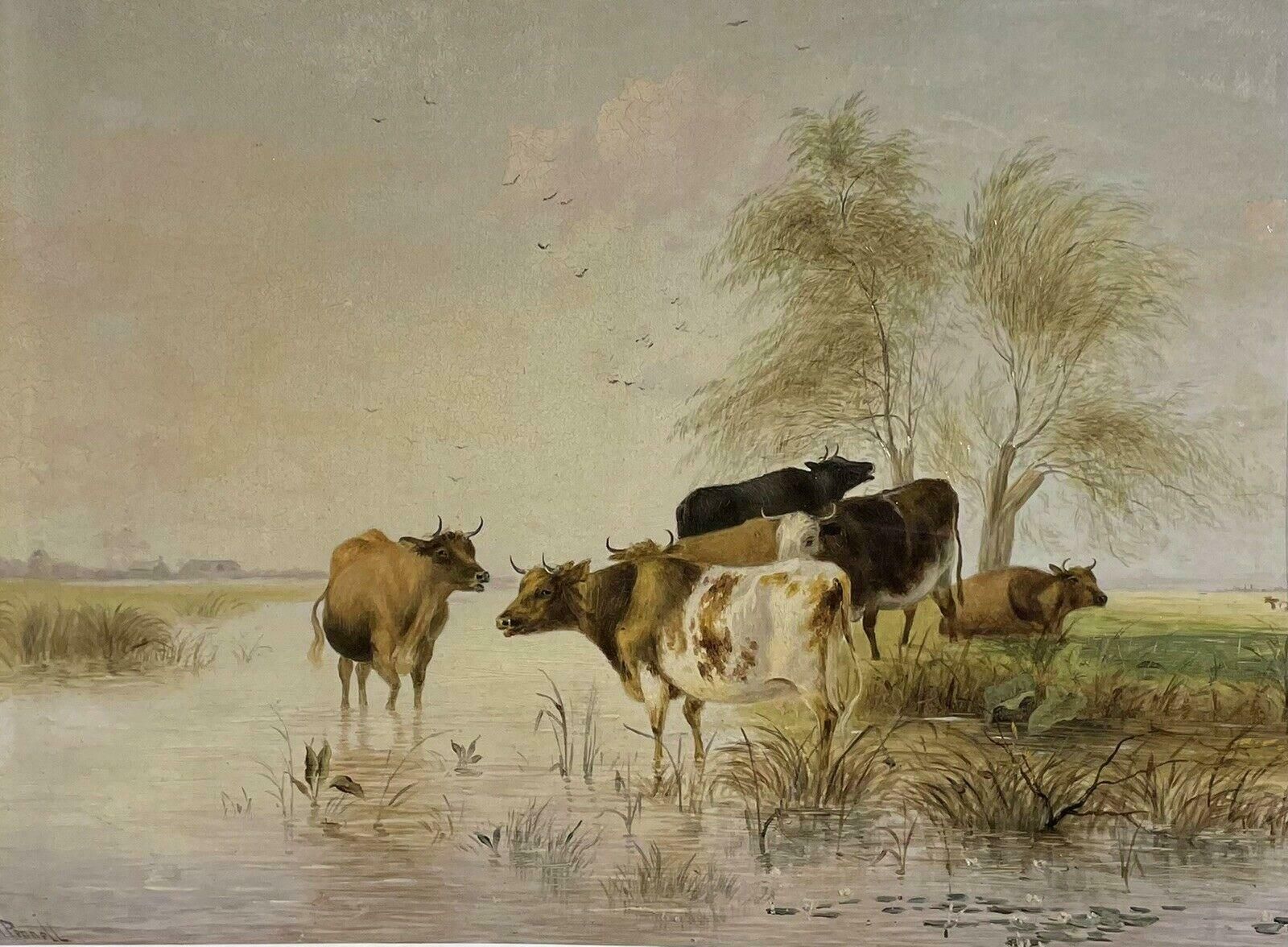 Victorian Oilcattle Watering Tranquil Pastures Signed 19th Century English Oil Painting