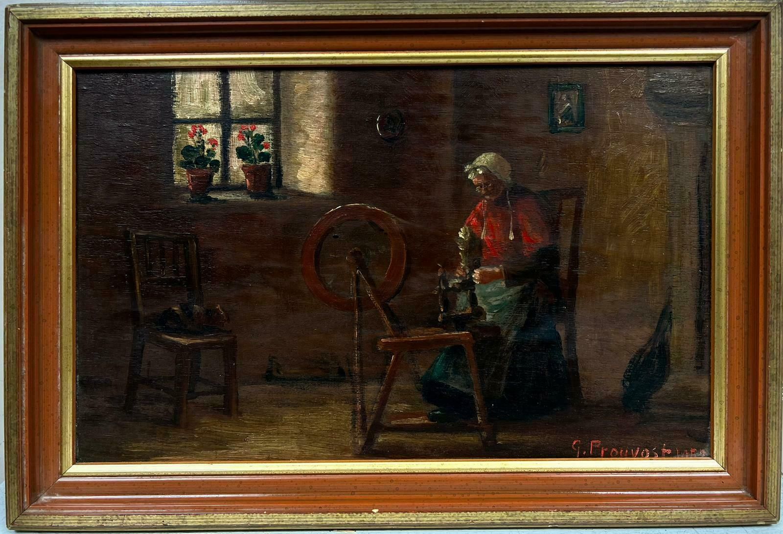 French Schoolfrench Cottage Interior Lady At Spinning Wheel Signed Oil Painting photo furniture