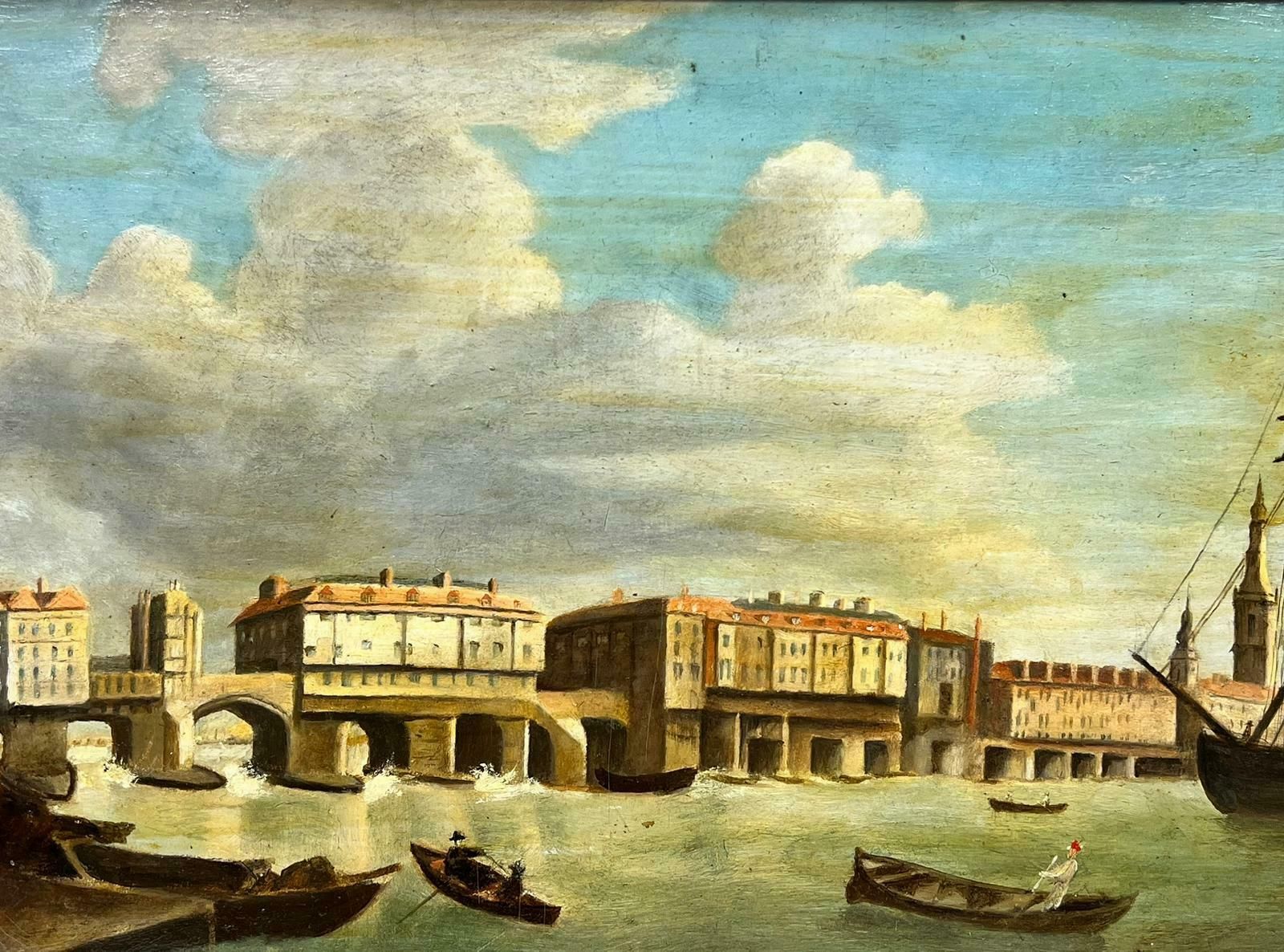 European School19th Century Continental Oil Painting City River Busy Shipping Scene Framed photo furniture