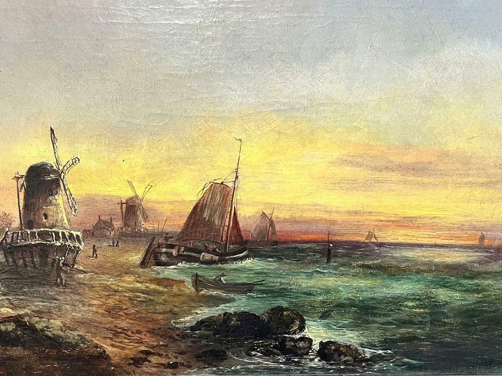 Victorian Schoolsigned Antique English Oil Painting Busy Coastal Scene Fishing Boats & Windmills photo Art