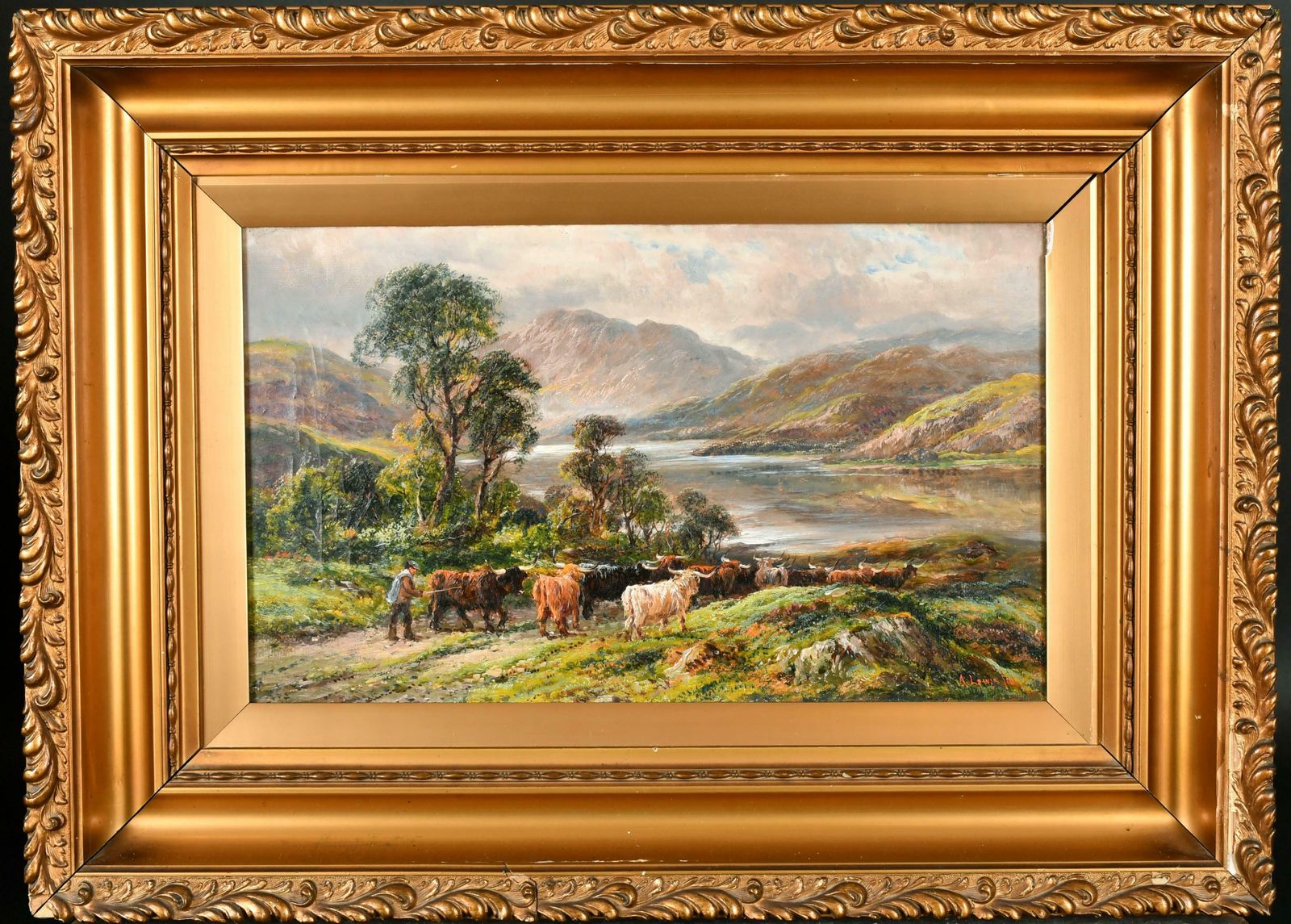 A. Lewisantique Scottish Landscape Highland Cattle On Loch Pathway Mountains photo furniture