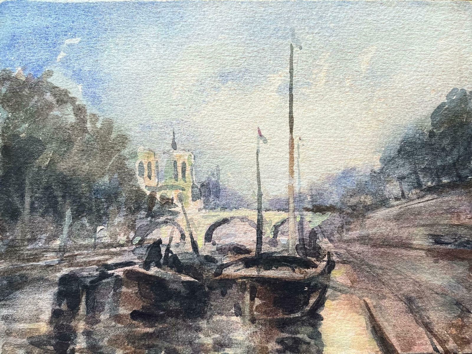 Maurice Mazeiliefrench Impressionist Watercolor Of Notre Dame And The Seine With Boats20th Century