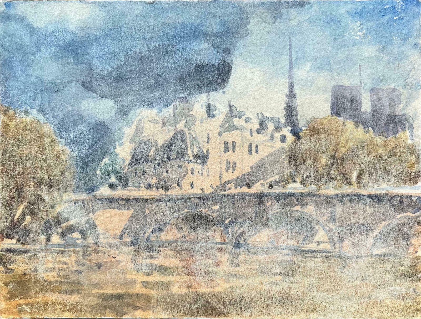 Maurice Mazeiliefrench Impressionist Watercolor Of Notre Dame And île De La Cité20th Century