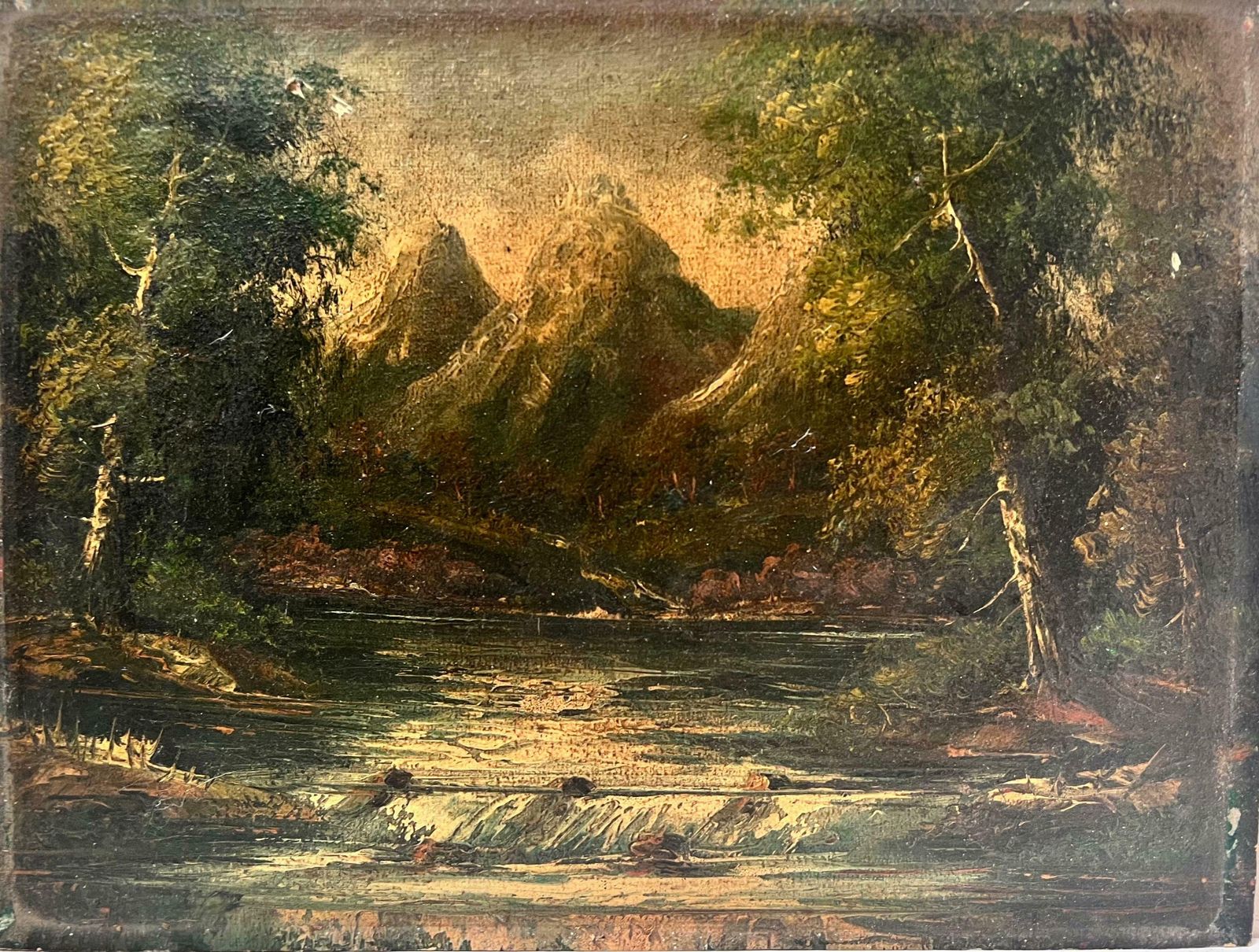 European Artistdark Mountains Landscape Antique Oil Painting