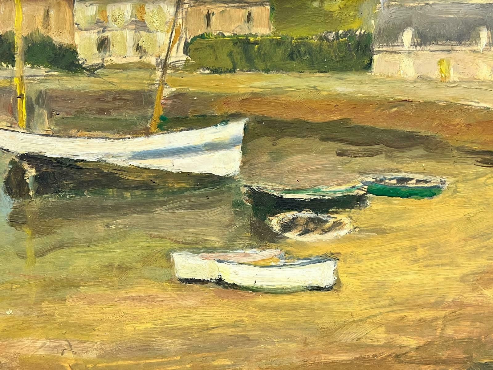French School1960's French Signed Oil Painting Boats Moored In Old Harbor Town Earthy Colors1960's photo Art