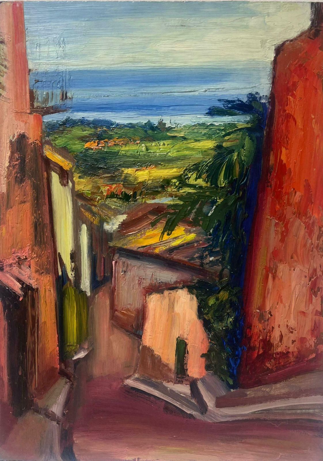 Josine Vignon1940's French Post Impressionist Oil Painting Mediterranean Village Street View1950s