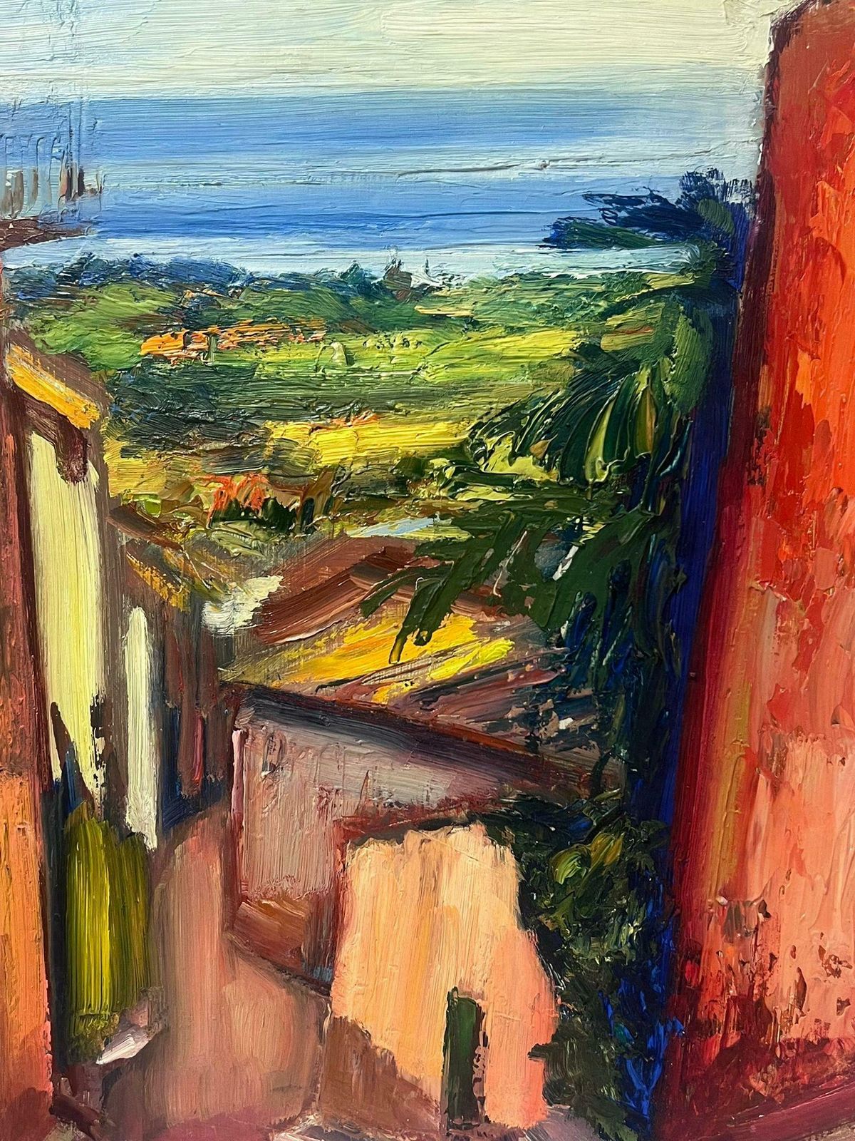 Josine Vignon1940's French Post Impressionist Oil Painting Mediterranean Village Street View1950s photo for sale