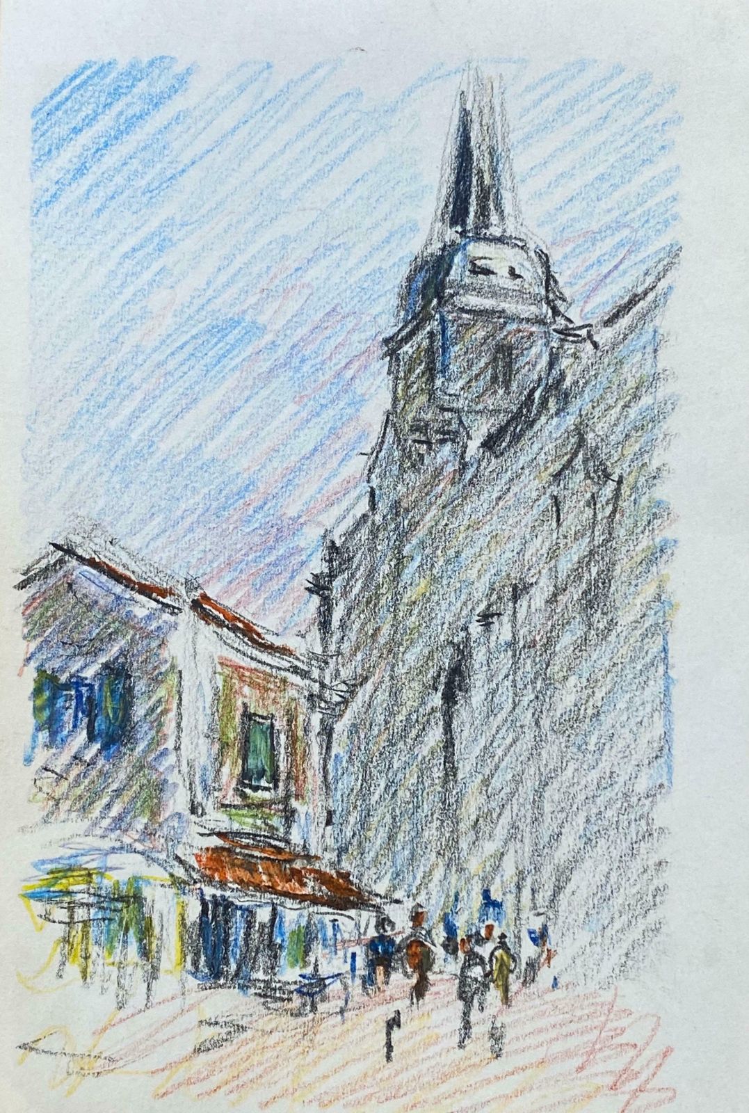 Camille Meriotold Provence Town Impressionist Crayon Drawing   Figures Mooching By Cafec. 1940's