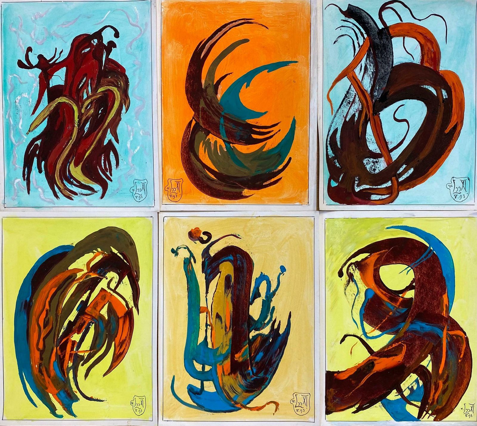 Unknownset Of 6 Original French Abstract Oil Paintings   Each Signed & Dated C. 1993
