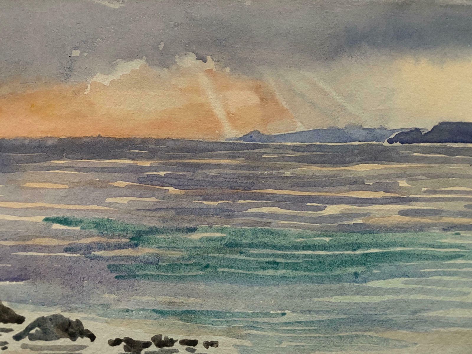 Unknown1900's English Impressionist Watercolor Painting Beautiful Sunset Onto Blue Seac. 1900's photo for sale