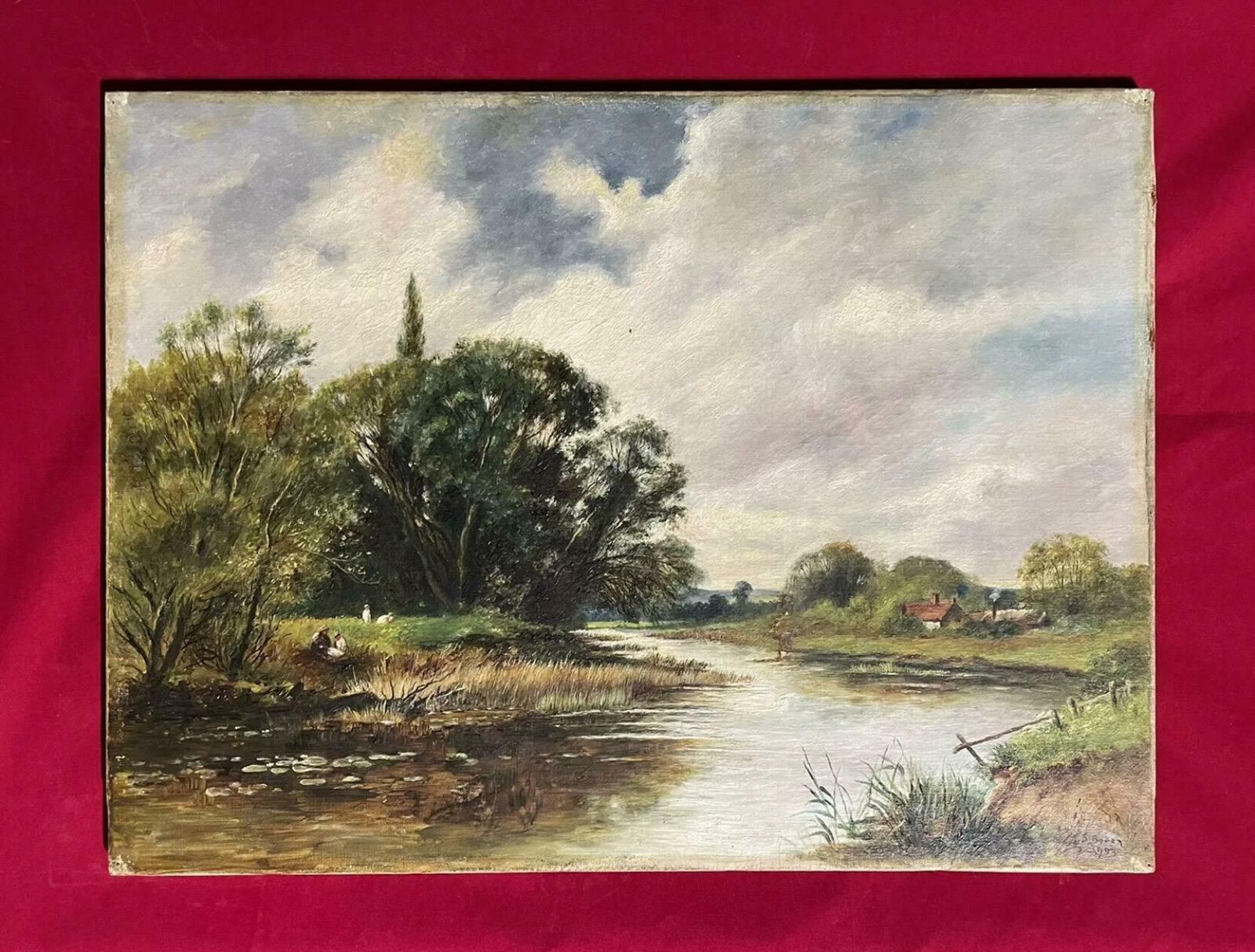 English Signedfine Edwardian Signed Oil Painting   Country River Landscape Picnic Figuresc. 1900's photo furniture