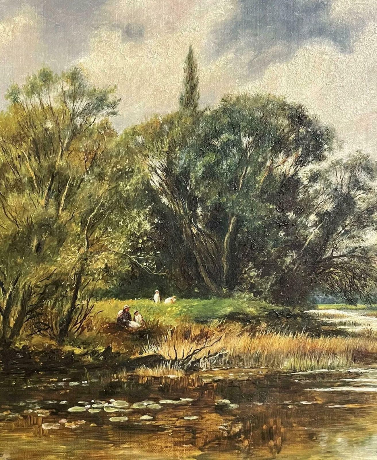 English Signedfine Edwardian Signed Oil Painting   Country River Landscape Picnic Figuresc. 1900's photo for sale