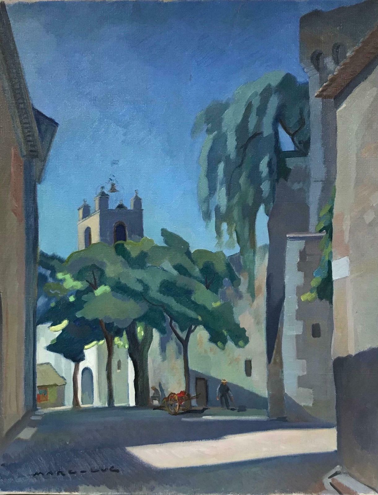 French Schoollarge Mid 20th Century French Signed Oil   Provencal Village Street Scene Cagnes1950's