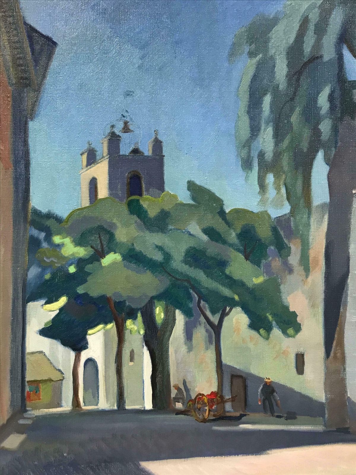 French Schoollarge Mid 20th Century French Signed Oil   Provencal Village Street Scene Cagnes1950's photo for sale