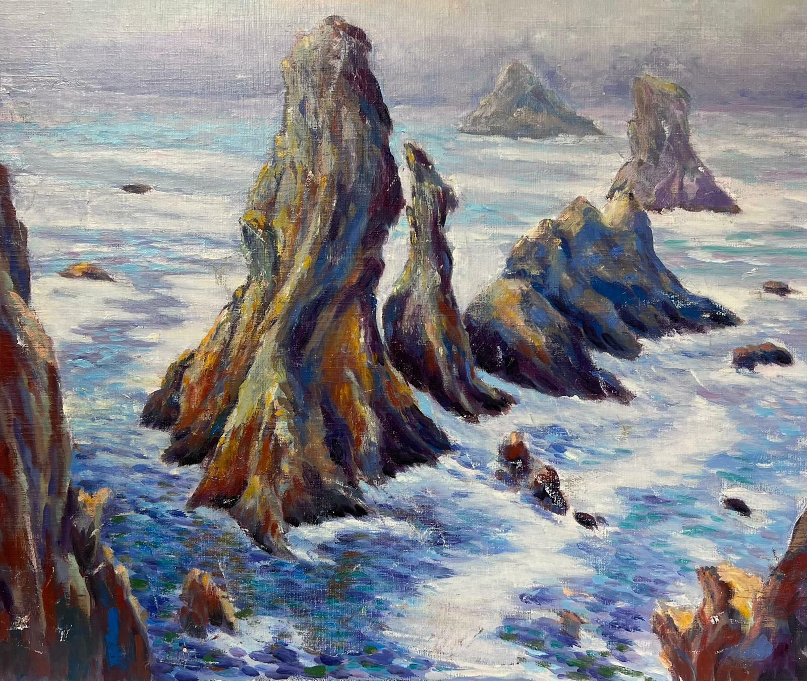 Georges Bordonovecontemporary French Impressionist Oil Tall Rocks Crashing Waves Seascape