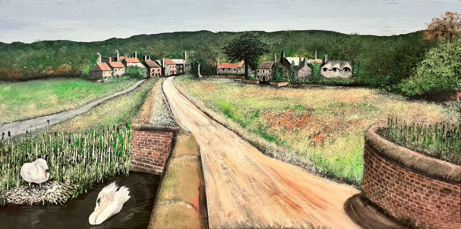 Contemporary British Colourful Modernist British Oil Painting Swans On River Far Reaching Countryside