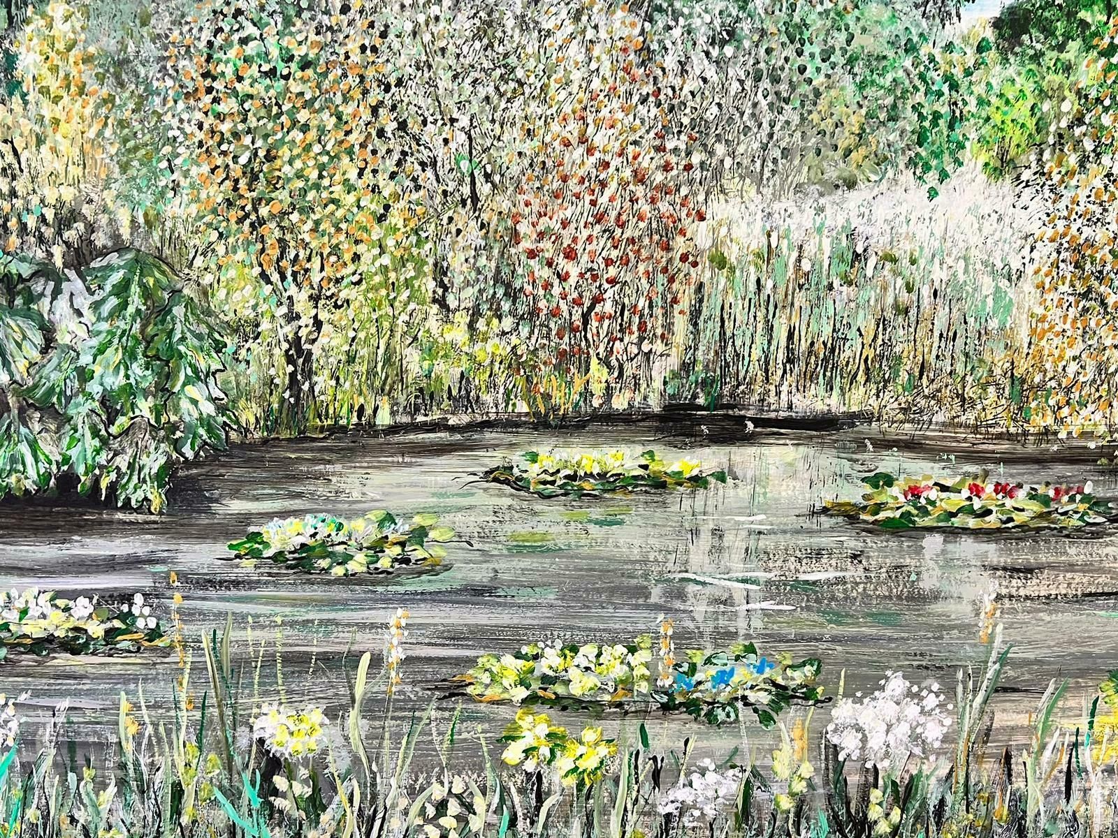 Contemporary British Waterlily Pond Large Post Impressionist Oil Painting photo vinterior