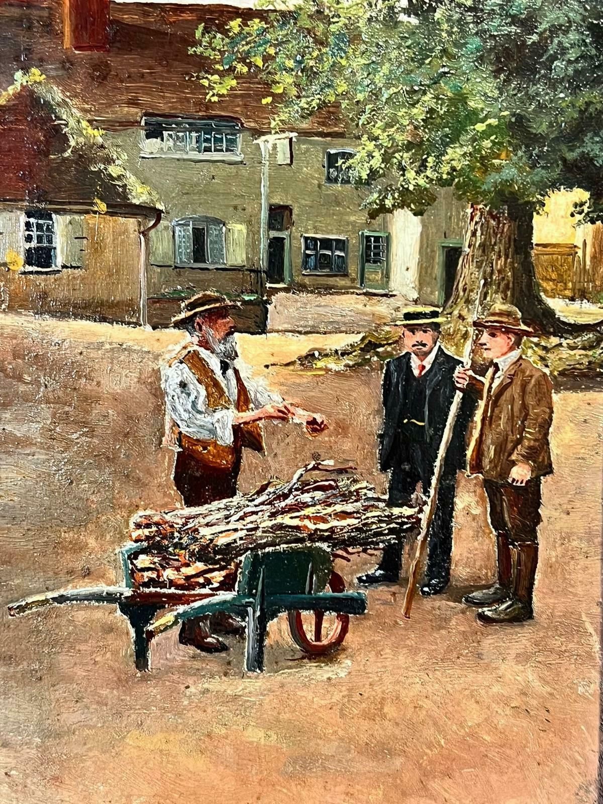 Victorian British Oil Three Men Standing In Village Chatting, Framed