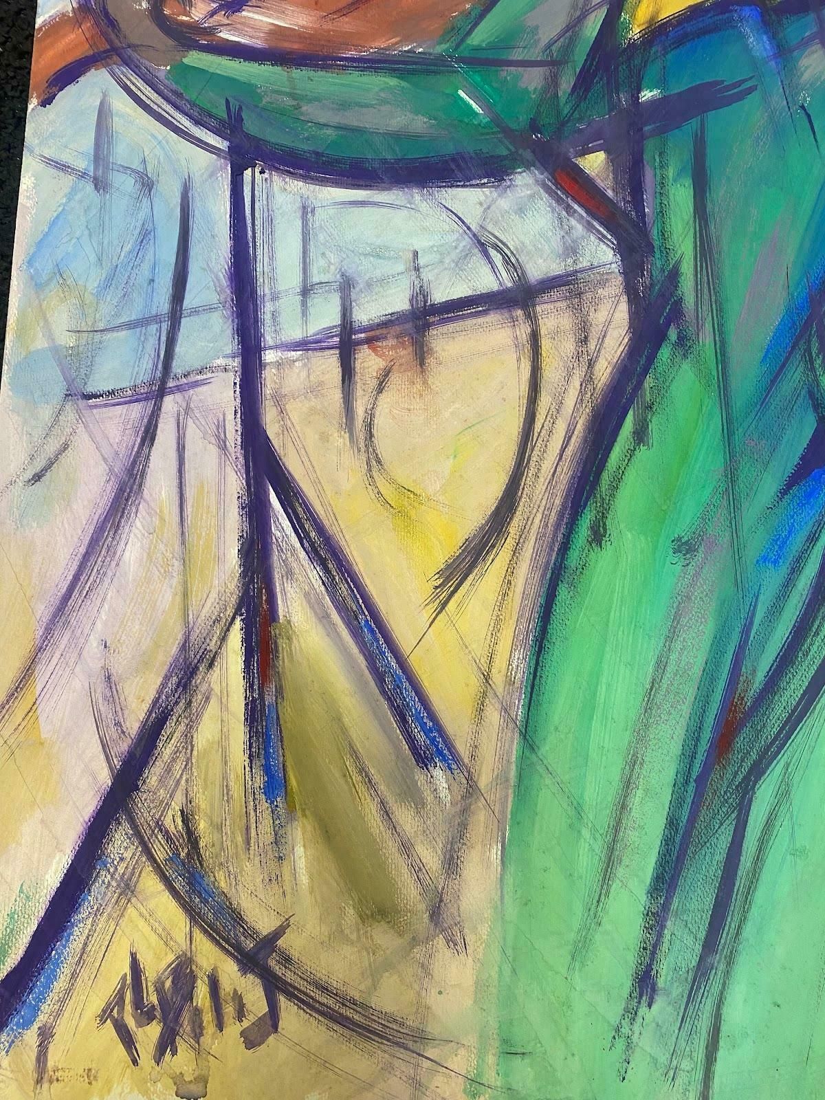 Unknown20th Century French Modernist Gouache Painting Lady In Green Gown Playing Violinc. 1980 photo for sale