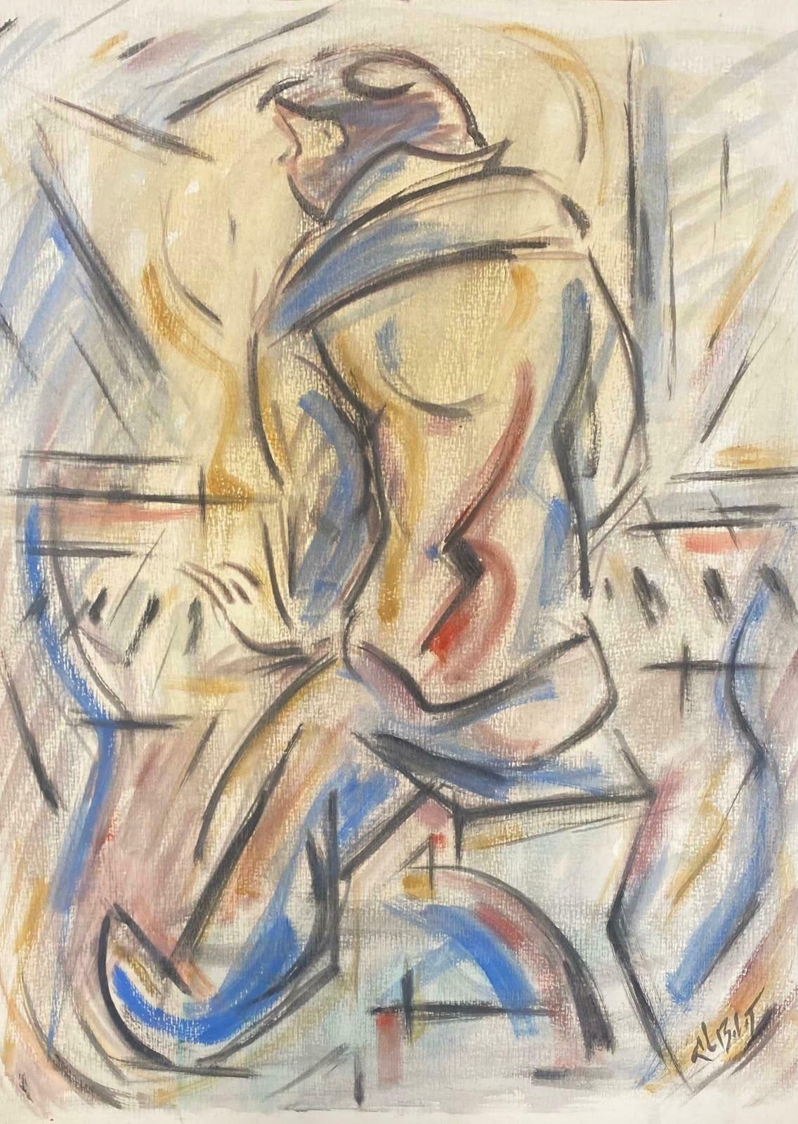 Unknown French Modernist Gouache Painting Multicolor Scene Man Playing Pianoc. 1980
