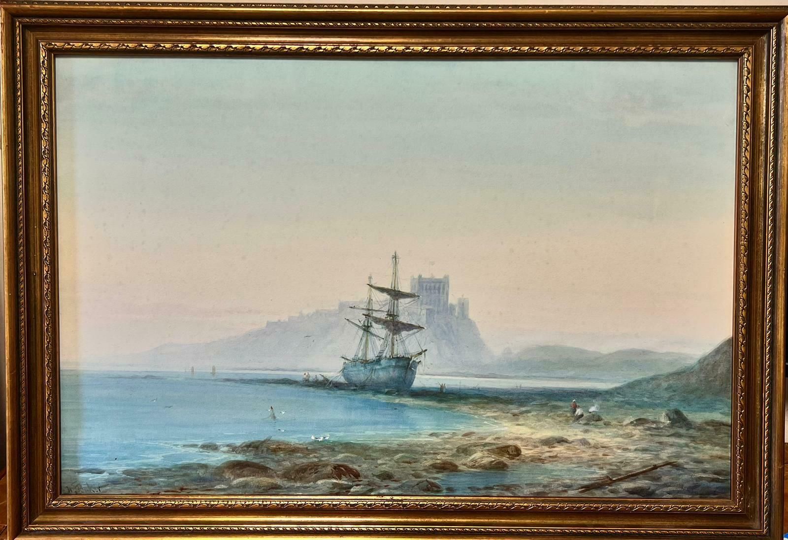 Antique English Marineantique British Marine Painting Classic Tallship Beached On Shore With Castle