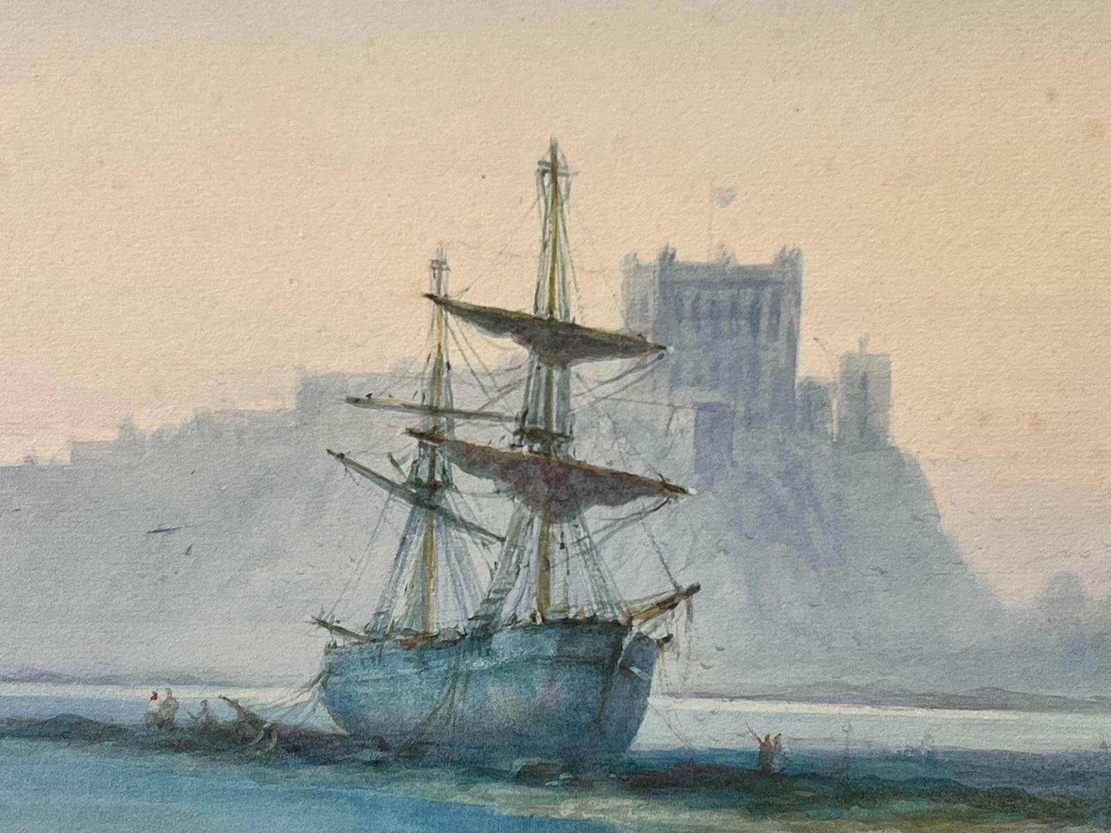 Antique English Marineantique British Marine Painting Classic Tallship Beached On Shore With Castle photo for sale