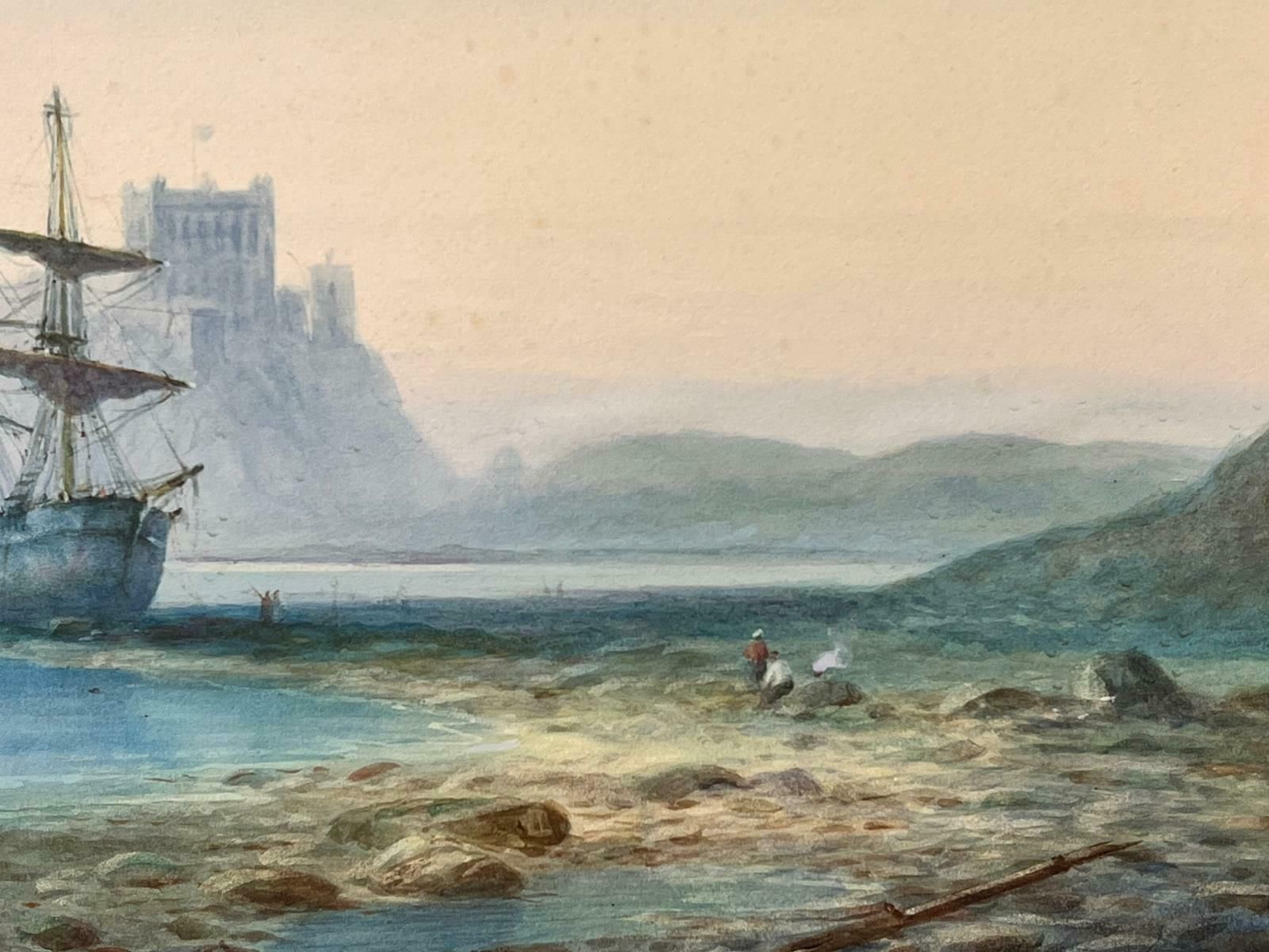 Antique English Marineantique British Marine Painting Classic Tallship Beached On Shore With Castle photo Art
