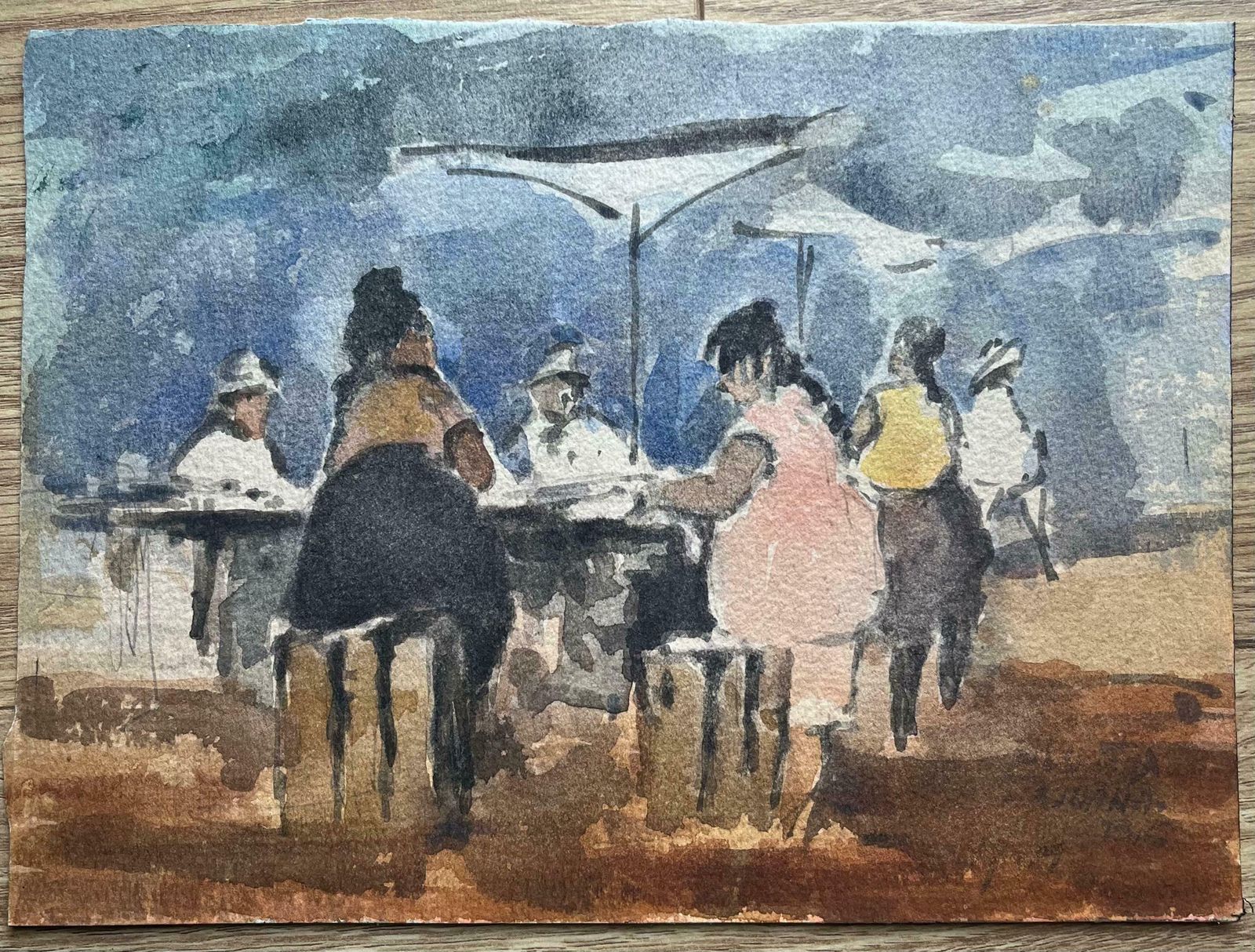 Maurice Mazeiliefrench Impressionist Watercolor Painting Of Bustling Outdoor Cafe20th Century photo furniture
