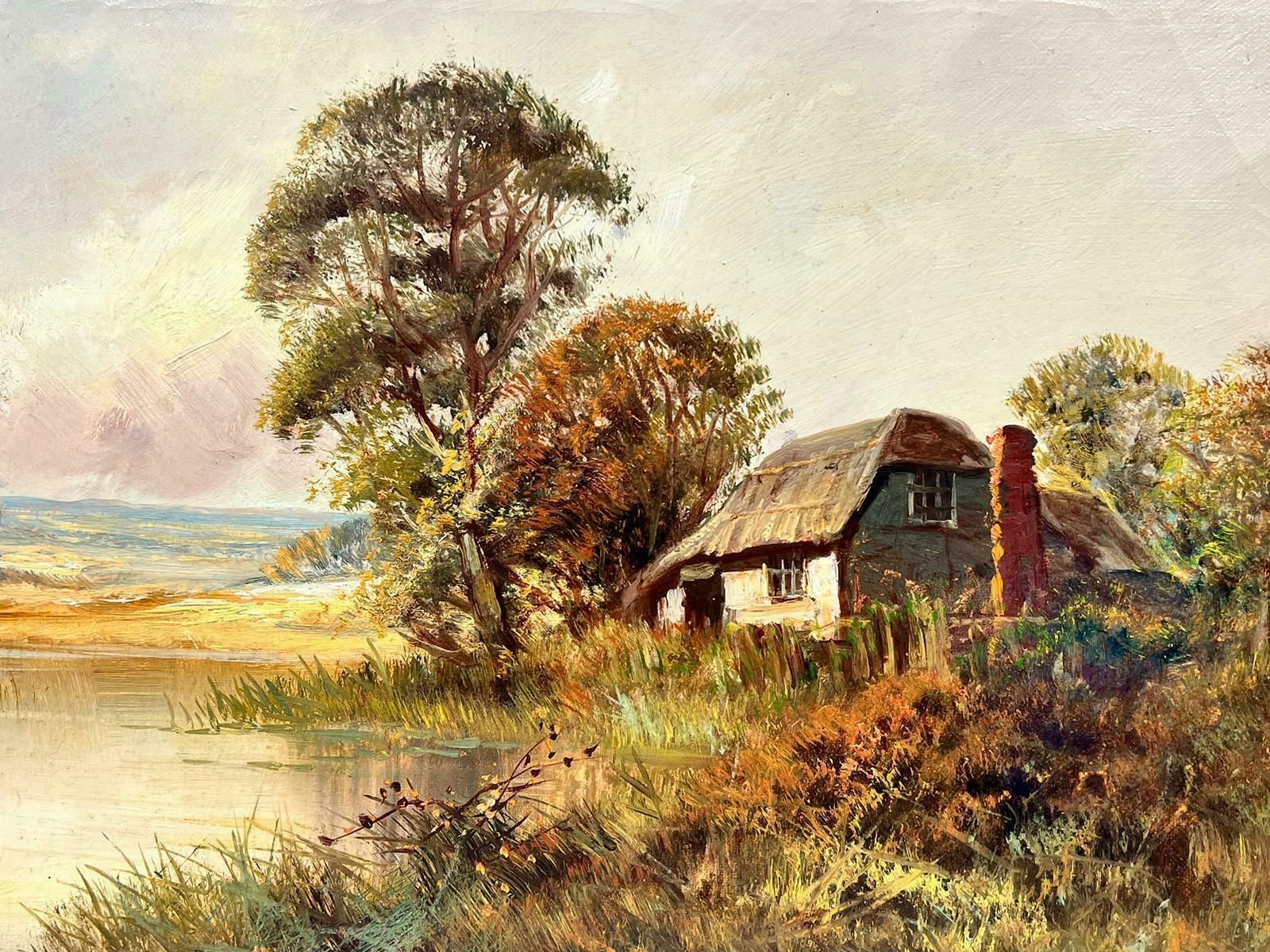 F. E. Jamiesonantique English Oil Painting Tranquil River Cottage In Landscape Signed Painting photo furniture